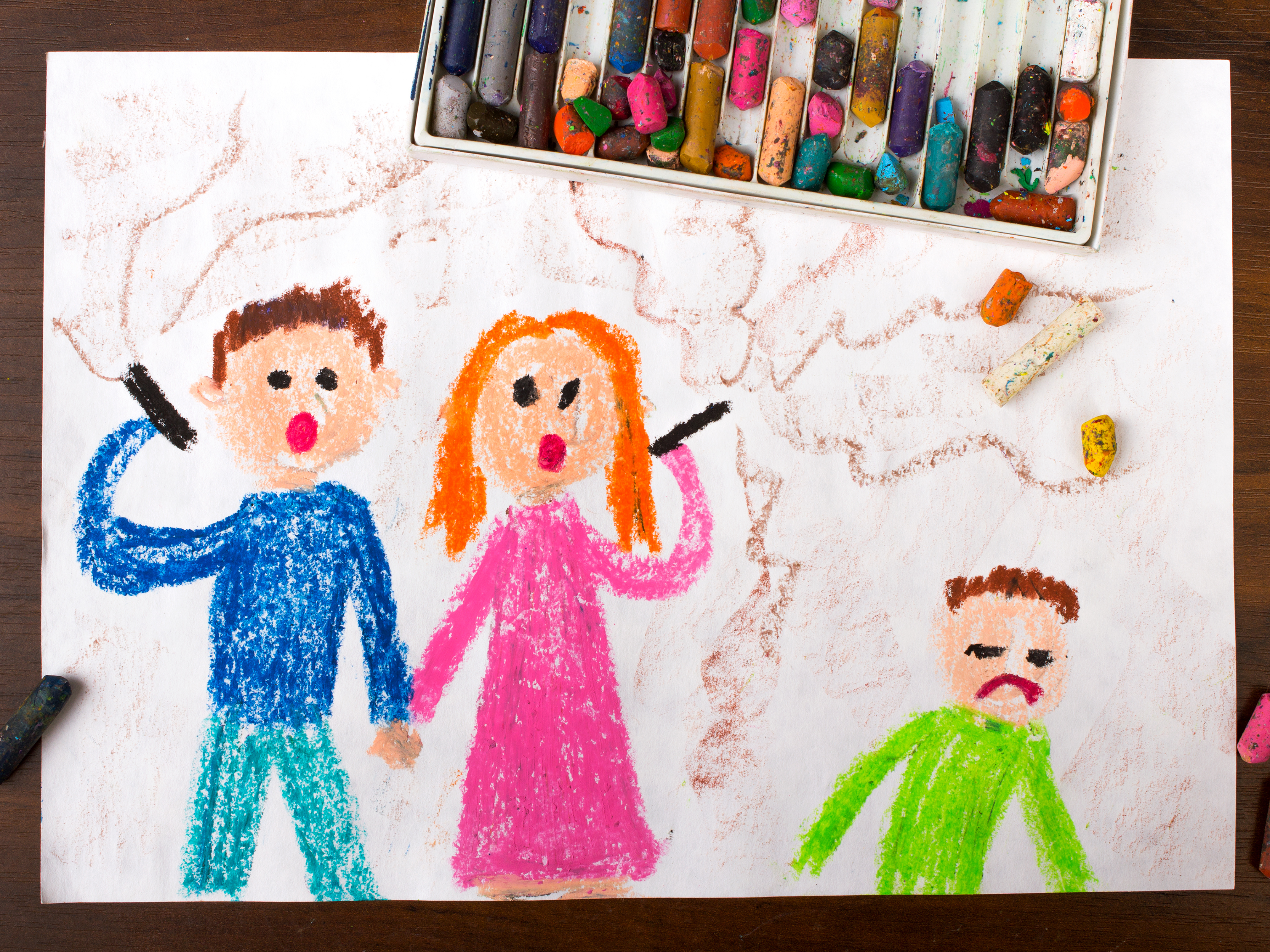 colorful drawing: parents smoking a cigarette and sad child
