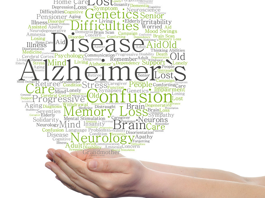 Concept or conceptual Alzheimer`s disease symtoms abstract word cloud held in hands isolated on background